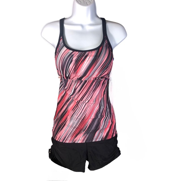 Pink & Black Striped Tankini Swimsuit Two Piece SIZE M Swimming Suit - Picture 2 of 5